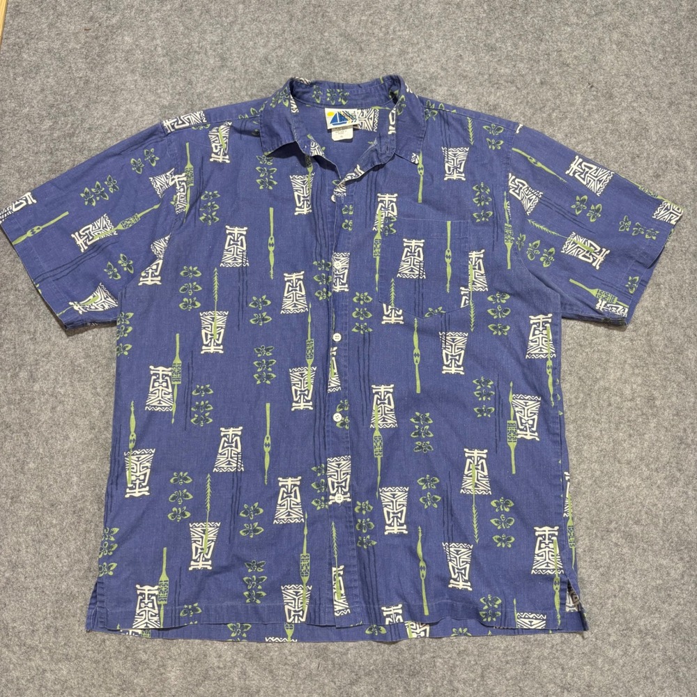 The Mens Store at Sears‎ Vintage Tiki Tribal Print Shirt Blue XL Short Sleeve